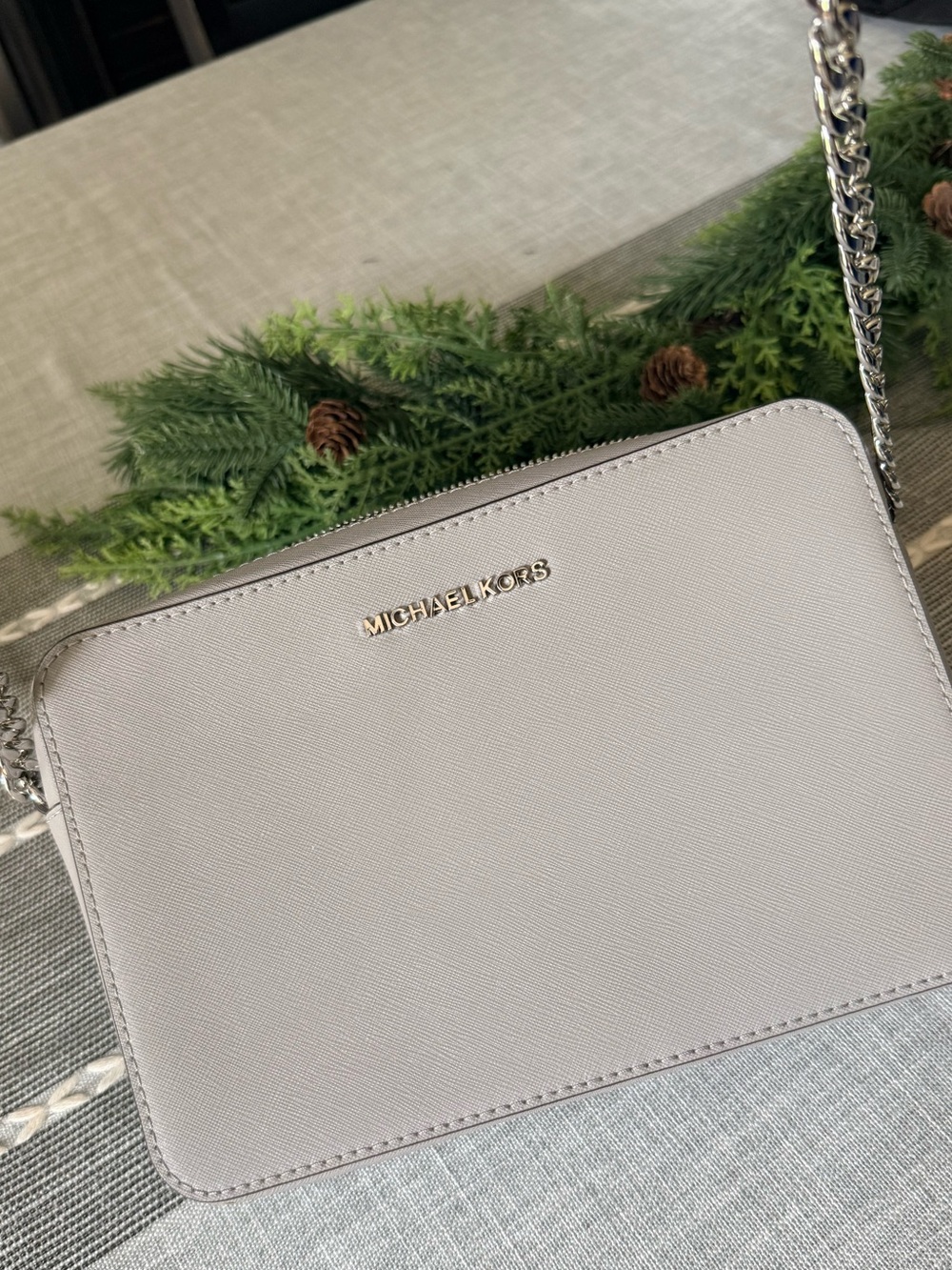 Michael Kors Gray Saffiano Leather Jet Set Crossbody with Chain Strap
